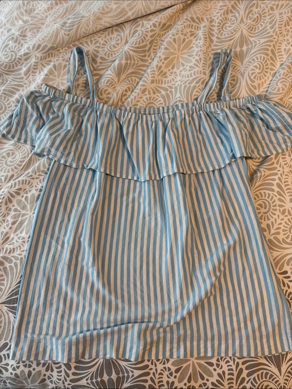 J. Crew Factory Blue and White Striped Off-Shoulder Ruffle Tank